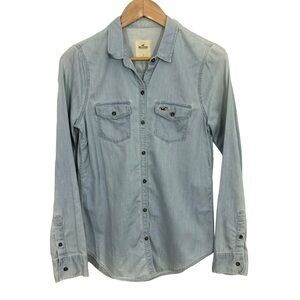 Hollister Chambray Button Down Shirt Womens S Light Blue Sun Kissed Casual Top